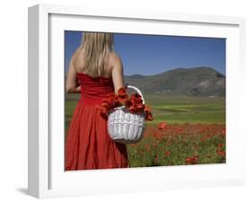 Woman in Poppy Field, Castelluccio Di Norcia, Norcia, Umbria, Italy, Europe-Angelo Cavalli-Framed Photographic Print