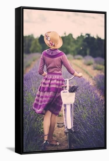 Woman in Purple Dress and Hat with Retro Bicycle in Lavender Field-NejroN Photo-Framed Stretched Canvas