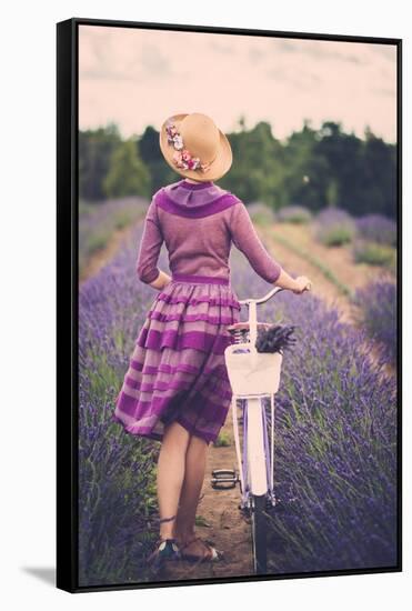 Woman in Purple Dress and Hat with Retro Bicycle in Lavender Field-NejroN Photo-Framed Stretched Canvas