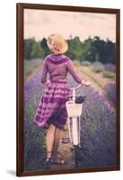 Woman in Purple Dress and Hat with Retro Bicycle in Lavender Field-NejroN Photo-Framed Art Print