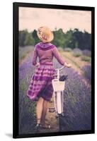 Woman in Purple Dress and Hat with Retro Bicycle in Lavender Field-NejroN Photo-Framed Art Print