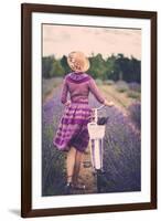 Woman in Purple Dress and Hat with Retro Bicycle in Lavender Field-NejroN Photo-Framed Art Print