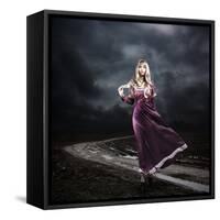 Woman in Purple Dress Walking on Dirty Road-brickrena-Framed Stretched Canvas