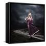 Woman in Purple Dress Walking on Dirty Road-brickrena-Framed Stretched Canvas