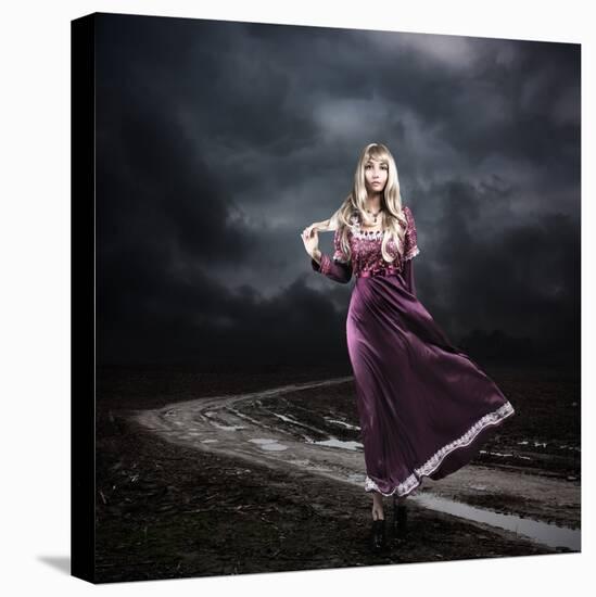 Woman in Purple Dress Walking on Dirty Road-brickrena-Stretched Canvas