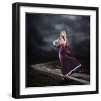 Woman in Purple Dress Walking on Dirty Road-brickrena-Framed Photographic Print