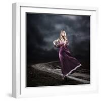 Woman in Purple Dress Walking on Dirty Road-brickrena-Framed Photographic Print