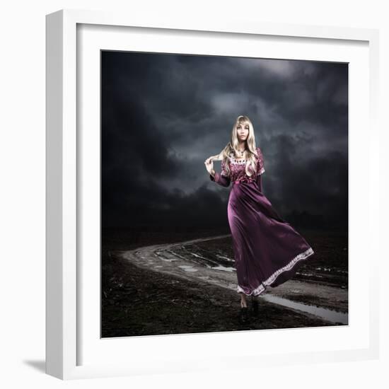 Woman in Purple Dress Walking on Dirty Road-brickrena-Framed Photographic Print