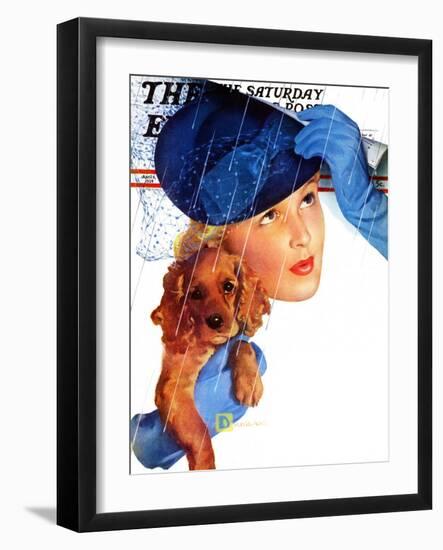 "Woman in Rain with Cocker," Saturday Evening Post Cover, April 8, 1939-Douglas Crockwell-Framed Giclee Print