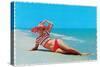 Woman in Red and White Bathing Suit and Hat-null-Stretched Canvas