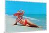 Woman in Red and White Bathing Suit and Hat-null-Mounted Premium Giclee Print