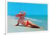 Woman in Red and White Bathing Suit and Hat-null-Framed Art Print