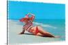 Woman in Red and White Bathing Suit and Hat-null-Stretched Canvas