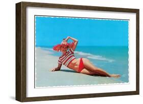 Woman in Red and White Bathing Suit and Hat-null-Framed Art Print