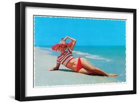 Woman in Red and White Bathing Suit and Hat-null-Framed Art Print