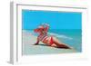 Woman in Red and White Bathing Suit and Hat-null-Framed Art Print