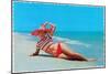 Woman in Red and White Bathing Suit and Hat-null-Mounted Art Print