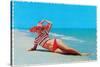 Woman in Red and White Bathing Suit and Hat-null-Stretched Canvas