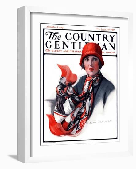 "Woman in Red Cloche and Scarf," Country Gentleman Cover, November 8, 1924-Katherine R. Wireman-Framed Giclee Print