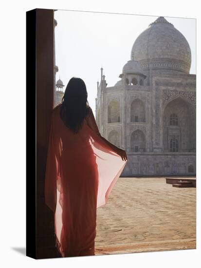 Woman in Sari at Taj Mahal, Agra, Uttar Pradesh, India (Mr)-Ian Trower-Stretched Canvas