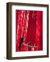 Woman in Sari Checking the Quality of Freshly Dyed Fabric Hanging to Dry, Sari Garment Factory, Raj-Gavin Hellier-Framed Photographic Print