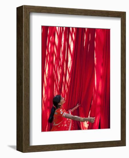 Woman in Sari Checking the Quality of Freshly Dyed Fabric Hanging to Dry, Sari Garment Factory, Raj-Gavin Hellier-Framed Photographic Print