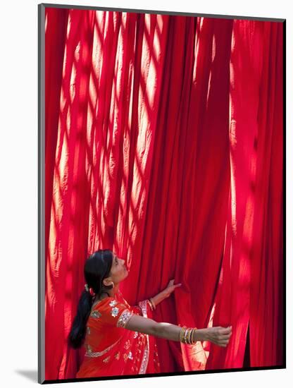 Woman in Sari Checking the Quality of Freshly Dyed Fabric Hanging to Dry, Sari Garment Factory, Raj-Gavin Hellier-Mounted Photographic Print