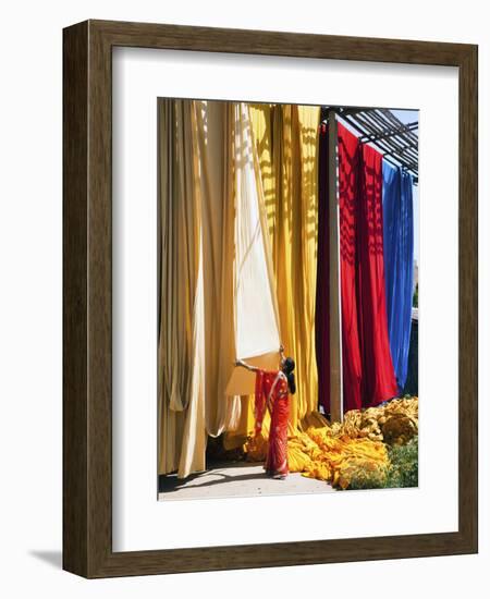 Woman in Sari Checking the Quality of Freshly Dyed Fabric Hanging to Dry, Sari Garment Factory, Raj-Gavin Hellier-Framed Photographic Print