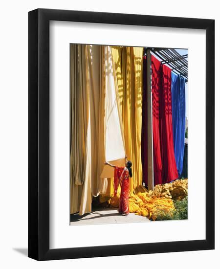 Woman in Sari Checking the Quality of Freshly Dyed Fabric Hanging to Dry, Sari Garment Factory, Raj-Gavin Hellier-Framed Photographic Print