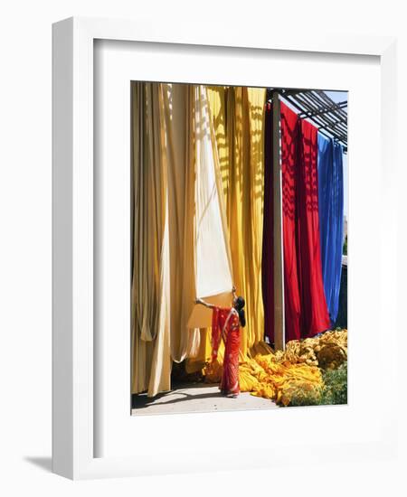 Woman in Sari Checking the Quality of Freshly Dyed Fabric Hanging to Dry, Sari Garment Factory, Raj-Gavin Hellier-Framed Photographic Print