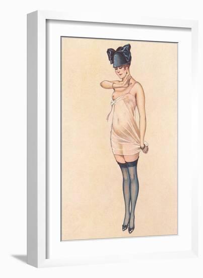 Woman in Sheer Slip with Black Stockings-null-Framed Art Print