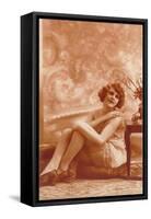 Woman in Slip with Swirly Wallpaper-null-Framed Stretched Canvas