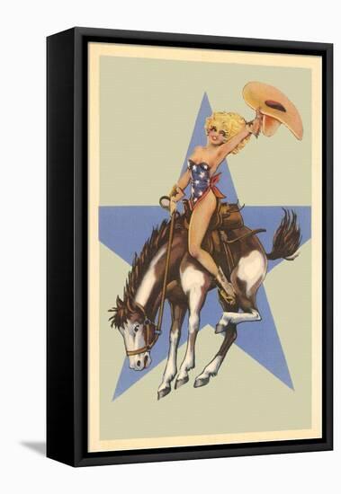 Woman in Star Bathing Suit on Bucking Bronco-null-Framed Stretched Canvas