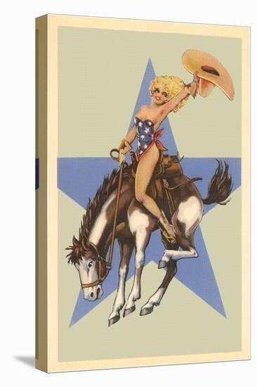 Woman in Star Bathing Suit on Bucking Bronco-null-Stretched Canvas