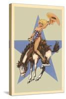 Woman in Star Bathing Suit on Bucking Bronco-null-Stretched Canvas