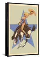 Woman in Star Bathing Suit on Bucking Bronco-null-Framed Stretched Canvas