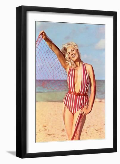 Woman in Striped Suit with Net-null-Framed Art Print