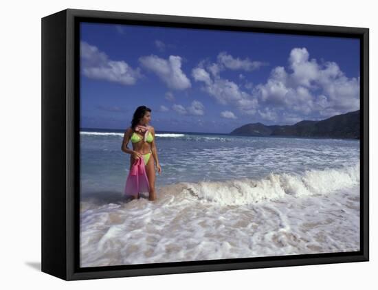 Woman in Surf, British Virgin Islands, Caribbean-Greg Johnston-Framed Stretched Canvas