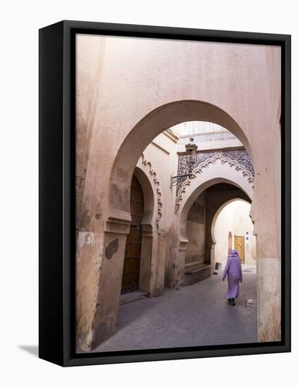 Woman in Traditional Djellaba Dress in Narrow Streets of Old Quarter, Medina, Marrakesh, Morocco-Stephen Studd-Framed Stretched Canvas