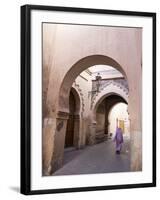 Woman in Traditional Djellaba Dress in Narrow Streets of Old Quarter, Medina, Marrakesh, Morocco-Stephen Studd-Framed Photographic Print