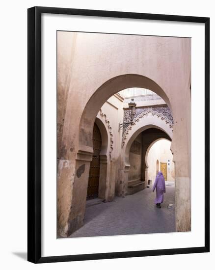 Woman in Traditional Djellaba Dress in Narrow Streets of Old Quarter, Medina, Marrakesh, Morocco-Stephen Studd-Framed Photographic Print