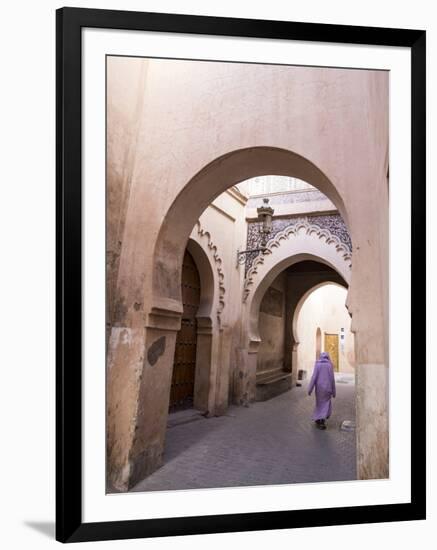 Woman in Traditional Djellaba Dress in Narrow Streets of Old Quarter, Medina, Marrakesh, Morocco-Stephen Studd-Framed Photographic Print