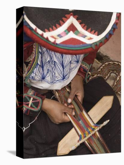 Woman in Traditional Dress and Hat, Weaving with Backstrap Loom, Chinchero, Cuzco, Peru-Merrill Images-Stretched Canvas