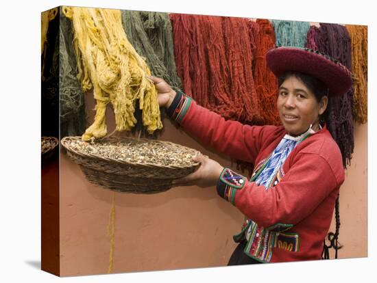 Woman in Traditional Dress, Wool Dyed Before Weaving, Chinchero, Cuzco, Peru-Merrill Images-Stretched Canvas