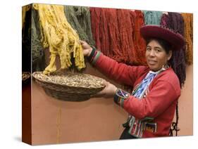 Woman in Traditional Dress, Wool Dyed Before Weaving, Chinchero, Cuzco, Peru-Merrill Images-Stretched Canvas