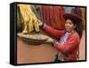 Woman in Traditional Dress, Wool Dyed Before Weaving, Chinchero, Cuzco, Peru-Merrill Images-Framed Stretched Canvas