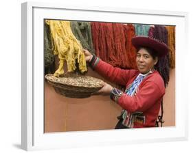 Woman in Traditional Dress, Wool Dyed Before Weaving, Chinchero, Cuzco, Peru-Merrill Images-Framed Photographic Print