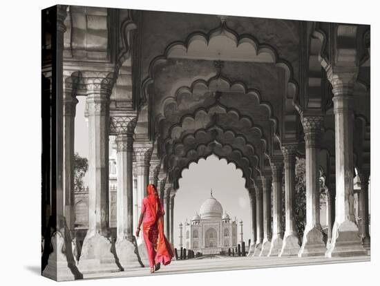 Woman in traditional Sari walking towards Taj Mahal (BW)-Pangea Images-Stretched Canvas