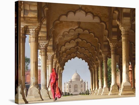 Woman in traditional Sari walking towards Taj Mahal-Pangea Images-Stretched Canvas