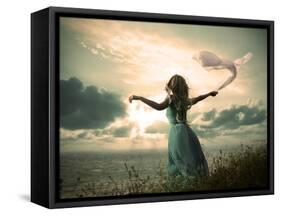 Woman in Turquoise Dress with Fabric at Sea-brickrena-Framed Stretched Canvas